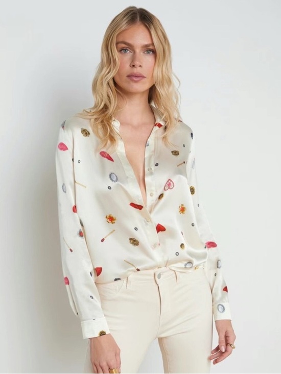 L'AGENCE Tops - L’Agence Tyler Silk Champagne Multi Heart Jewel Button Up Long Sleeve Blouse